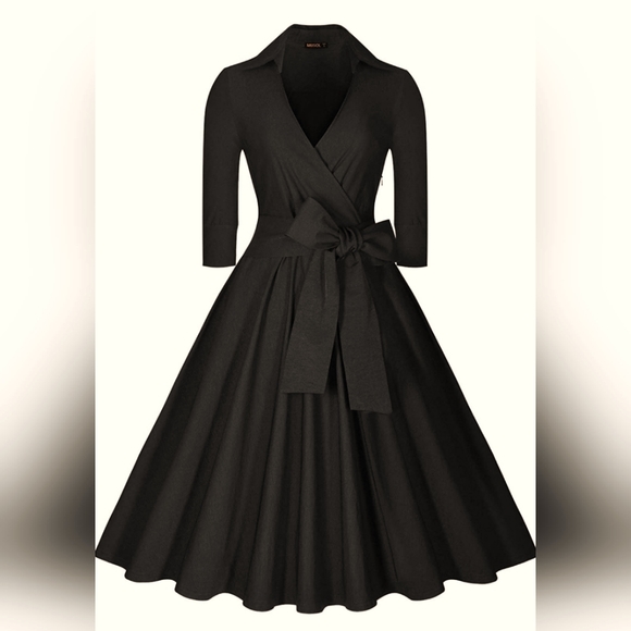 Miusol Dresses & Skirts - Deep-V Neck Classical Bow Belt Vintage Casual Swing Dress | Size XXL | Black